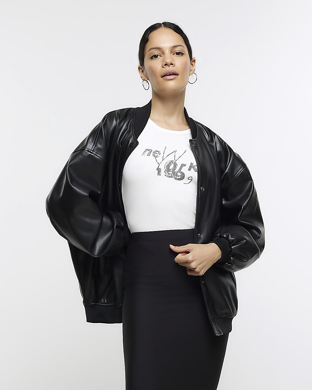 Black faux leather bomber jacket | River Island (UK & IE)