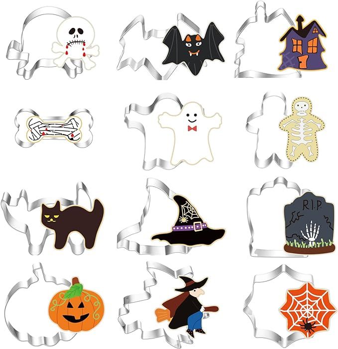 Halloween Cookie Cutters, 12 Pcs Stainless Steel Halloween Cookie Cutters Set -Ghost, Bat, Pumpki... | Amazon (US)