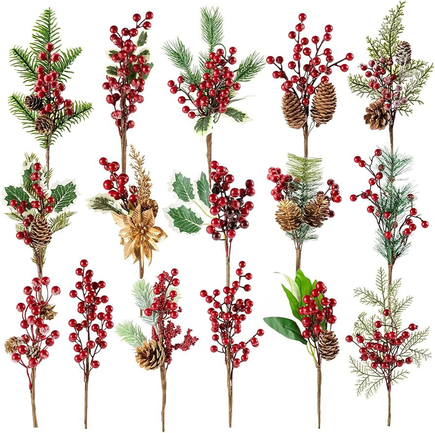 Fessary 16 Pieces 9-13 Inch Large Artificial Christmas Tree Picks Red Berry Pine Branches Flower ... | Amazon (US)