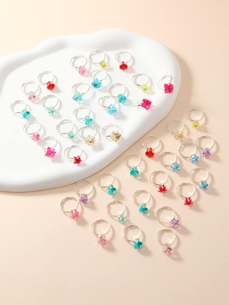 36pcs/set Girls' Adjustable Cartoon Silver-color Ring With Imitation Gemstones | SHEIN