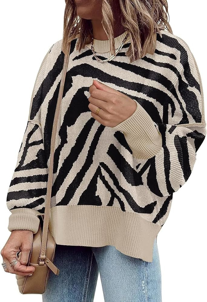 Womens Sweaters Casual Zipper Neck Knit Tops Batwing Sleeve Oversized Sweatshirt Strip... | Amazon (US)