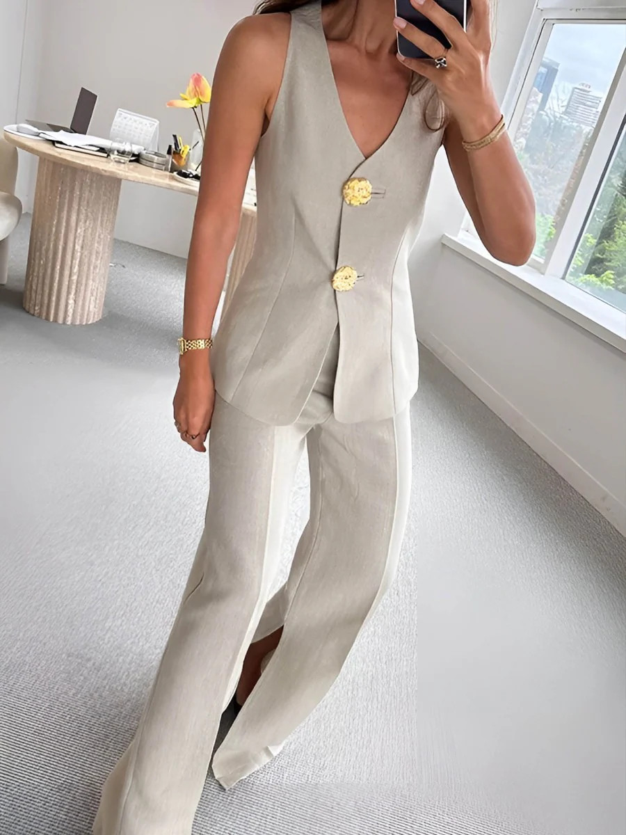 Button Split Sleeveless Pants Set | Commense
