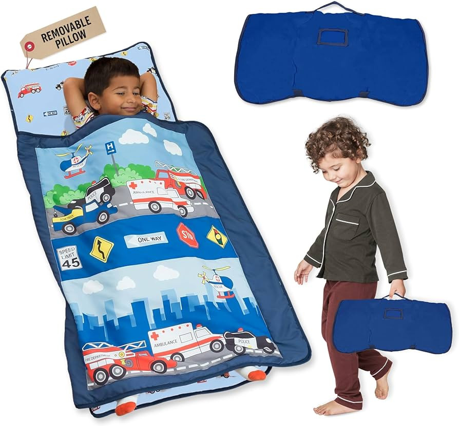 EVERYDAY KIDS Toddler Nap Mat with Removable Pillow -Fire Police Rescue- Carry Handle Fastening S... | Amazon (US)