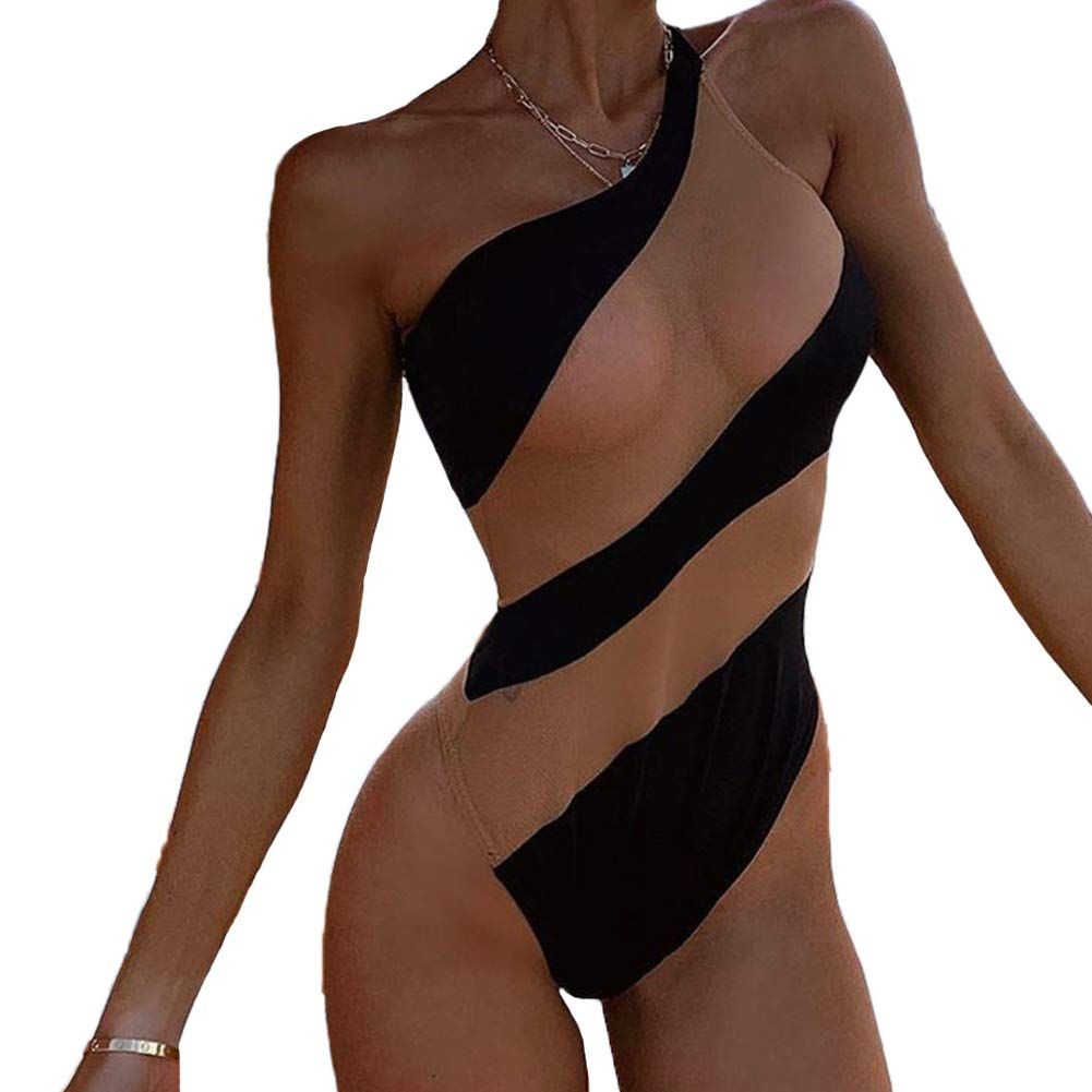 Mistshopy Women One Shoulder One Piece Swimsuit Mesh Sheer Striped Swimwear Bathing Suit | Amazon (US)