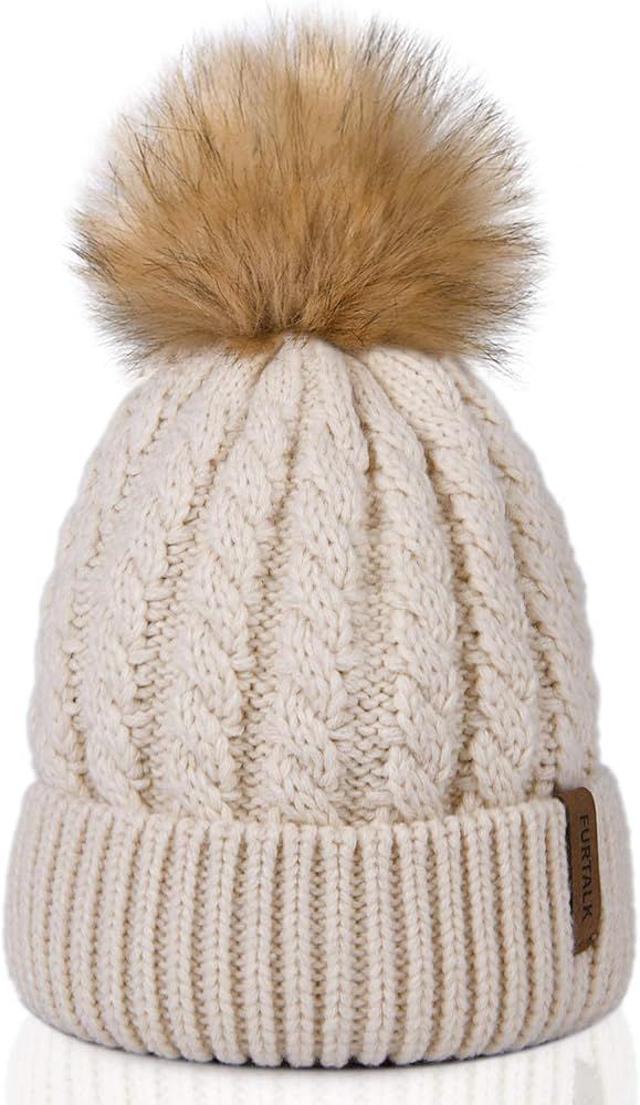 FURTALK Winter Beanie Hat for Women Warm Thick Lining Knit Bobble Skull Cap Big Faux Fur Pom Pom ... | Amazon (US)