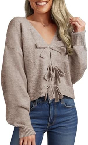 Saodimallsu Womens Bow Sweater Cropped V Neck Long Sleeve Fall Cozy Knit Loose Trendy Pullover Sw... | Amazon (US)