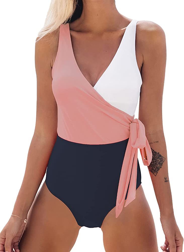 CUPSHE Women's One Piece Swimsuit Wrap Color Block Tie Side Bathing Suit | Amazon (US)