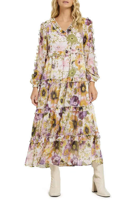 River Island Freddie Floral Ruffle Long Sleeve Midi Dress in White at Nordstrom, Size 6 | Nordstrom