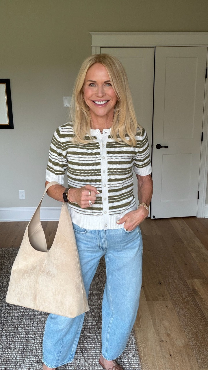 Best fit barrel jeans, these are the light wash. This sweater is a great transitional piece for fall - and the green color I am loving! Can’t forget about the suede tote I’ve been telling everyone about too!!

#LTKgrwm #LTKmomlife #LTKOver40