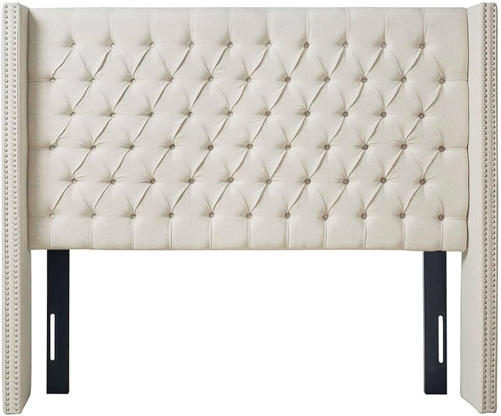 Madison Park Amelia Upholstered Headboard | Nail Head Trim Wingback Button Tufted | Queen, Cream | Amazon (US)