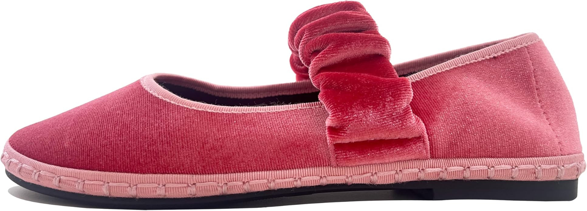 Women's Velvet Mary Jane Flats Round Toe Ballet Shoes Wide Strap Design with Burgundy Trim | Amazon (US)