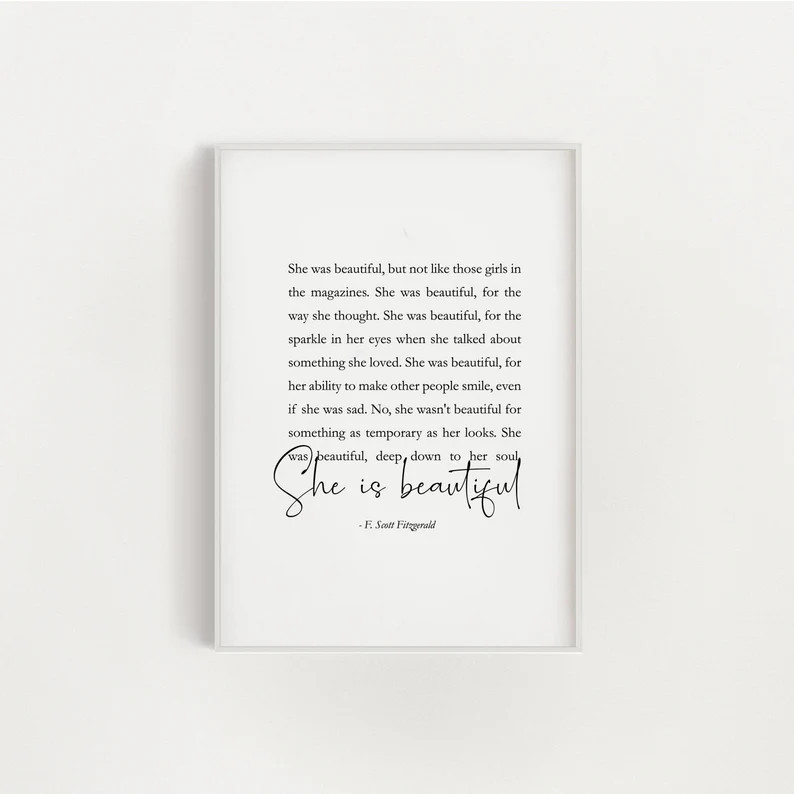 She is beautiful printable, F. Scott Fitzgerald quote prints, book lover gift, literary gifts, li... | Etsy (US)