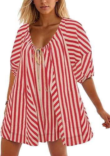 Women Striped Summer Rompers Puff Short Sleeve Oversized Short Jumpsuits with Pockets Trendy Vaca... | Amazon (US)