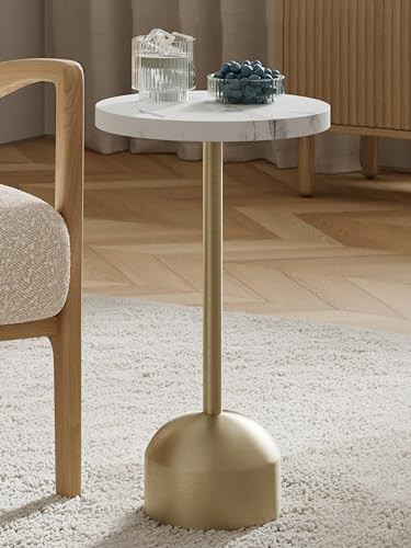 Round Metal Drink Table with Faux Marble Top, Brass Pole & Dome Base – Modern Small Pedestal Side Table for Living Room, Bedroom, or Office – Easy Assembly, Scratch-Resistant Base | Amazon (US)