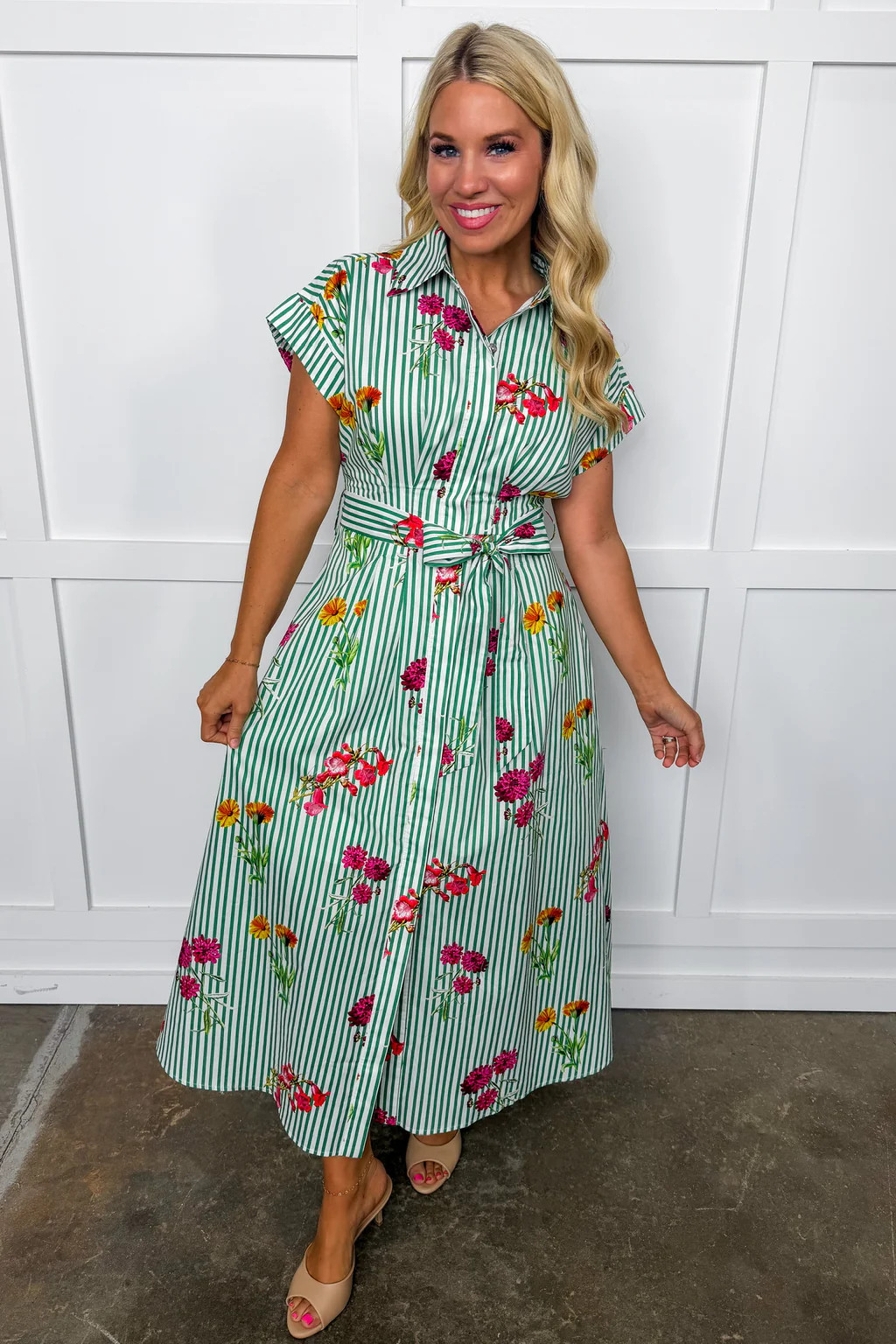 A Summer Bouquet Midi Dress in Green Floral Stripes | Jules & James Boutique