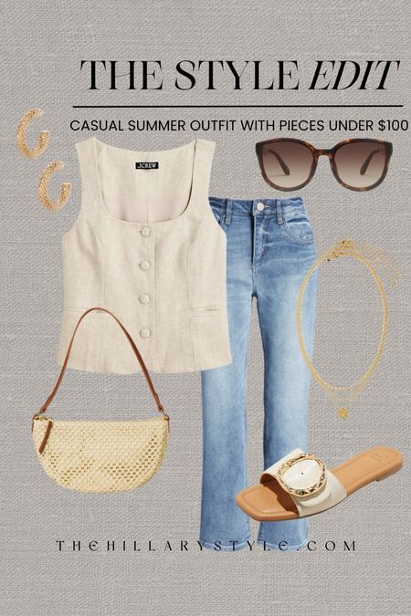 The Style Edit: Casual Summer Outfit with Pieces Under $100: linen vest, boyfriend jeans, denim, slides, sandals, straw handbag, tortoiseshell sunglasses, layered gold necklaces, gold hoop earrings. JCrew, Nordstrom, Target, Wit & Wisdom, Madewell, Quay. Summer outfit, spring outfit, casual outfit, linen vest outfit, brunch outfit, OOTD, casual summer, neutral jeans outfit. 

#LTKSeasonal #LTKStyleTip #LTKFindsUnder100