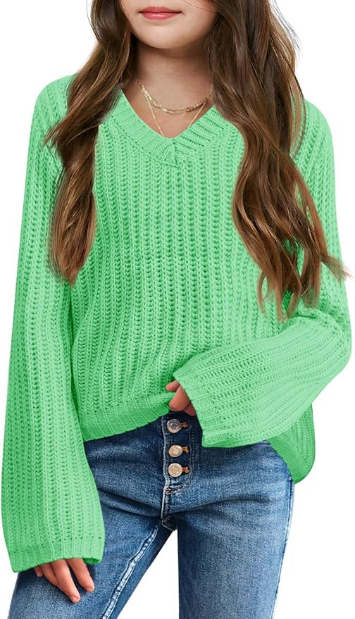 Imily Bela Girls Bell Sleeve V Neck Knit Sweaters Kids Fashion Crop Pullover Sweater Tops | Amazon (US)