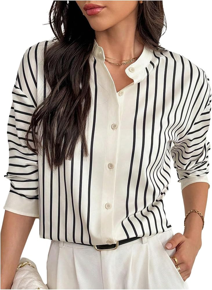 SweatyRocks Women's Striped Button Down Shirt Long Sleeve Blouse Dressy Casual Business Shirts | Amazon (US)