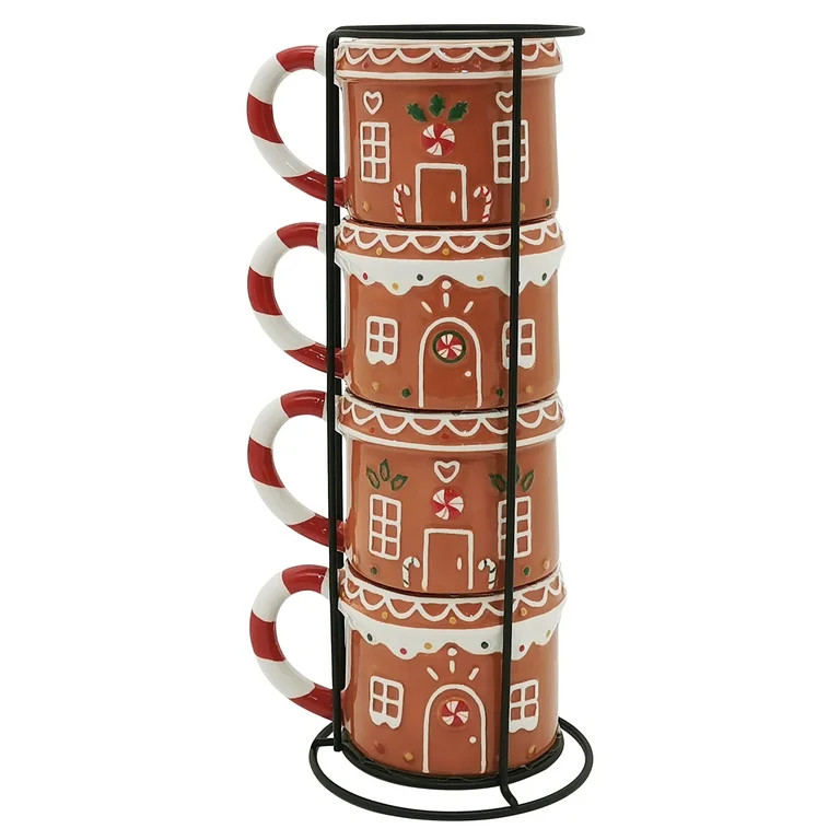 Holiday Time Gingerbread House Stackable Stoneware Mug with Metal Rack Set,  Multi Color - Walmar... | Walmart (US)