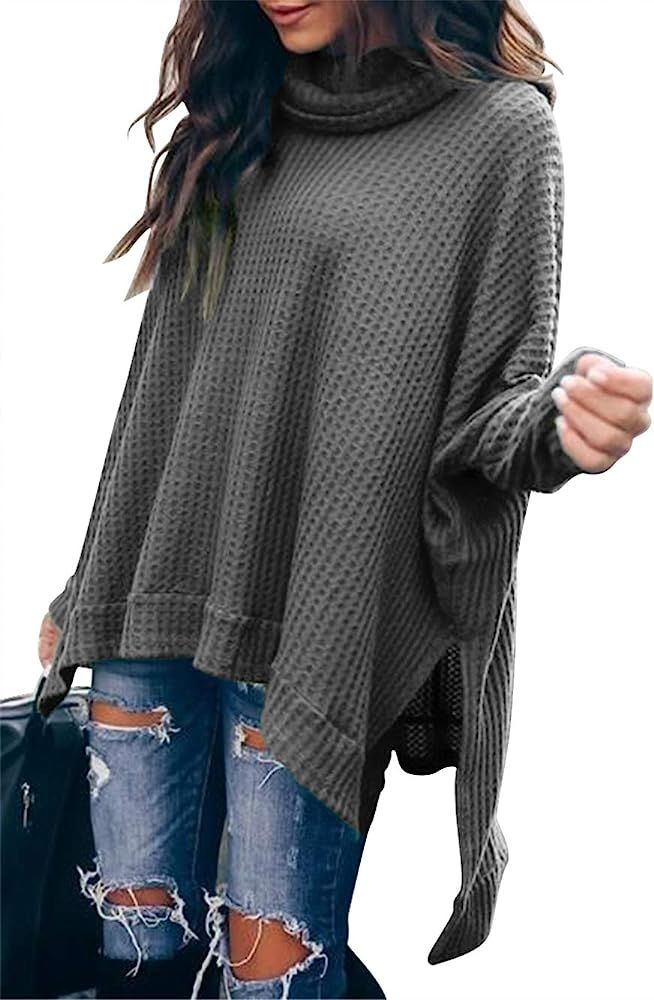 Women's Sweater 2023 Fall Oversized Turtleneck Long Batwing Sleeve Waffle Knit Split Hem Tunic Pu... | Amazon (US)