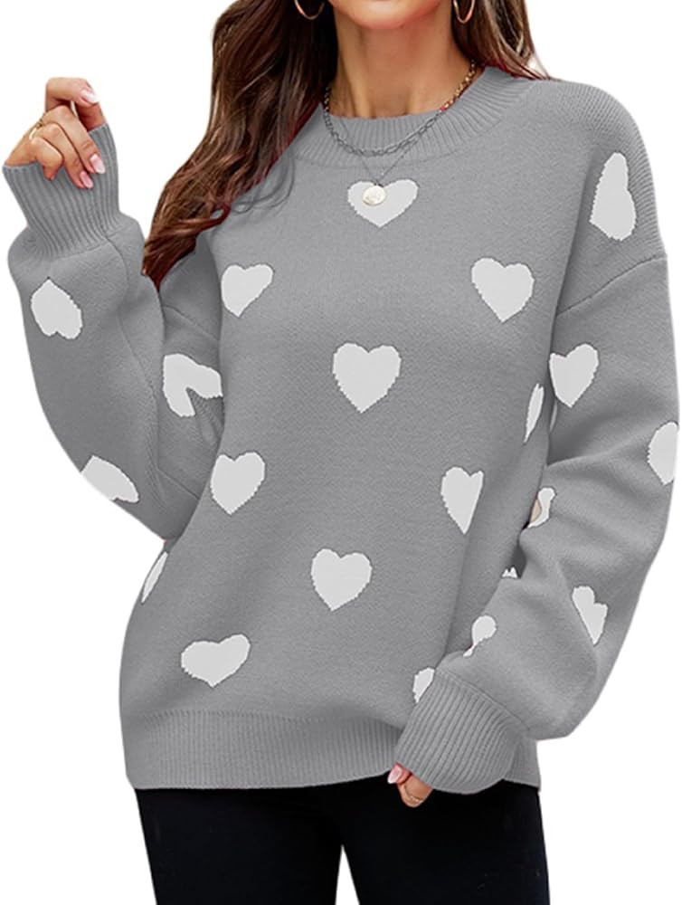 Women's Cute Heart Sweater Love Print Valentines Day Knitted Top Casual Crewneck Long Sleeve Swea... | Amazon (US)