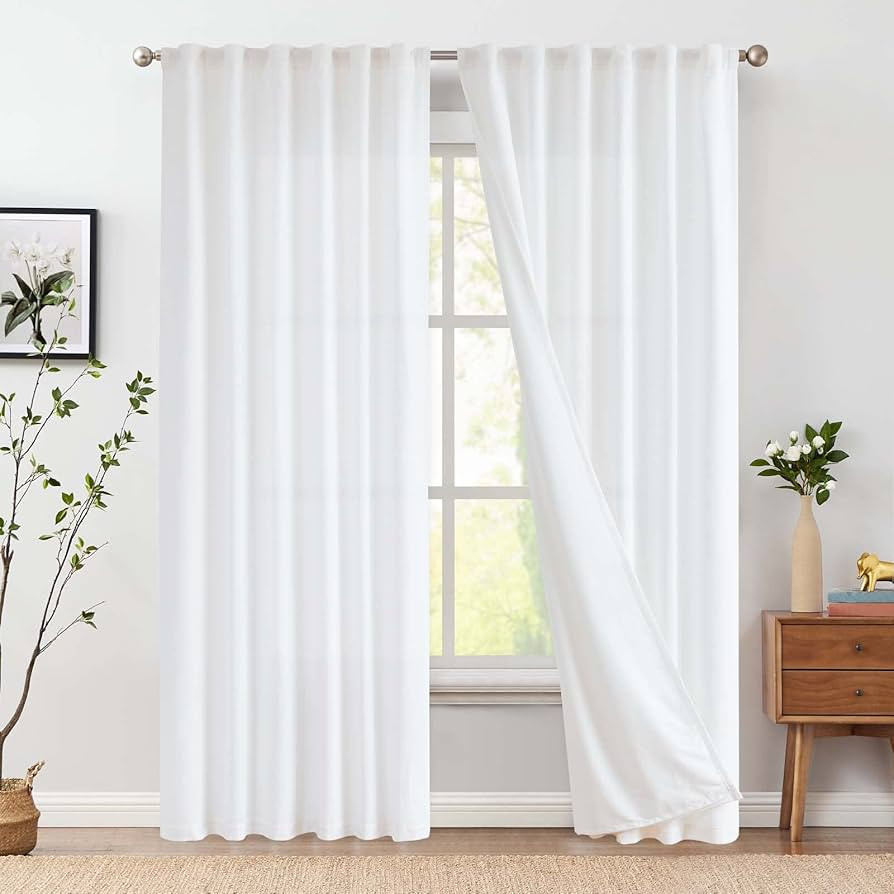 jinchan Linen White Curtains 108 Inches Extra Long for Living Room Farmhouse Rod Pocket Back Tab ... | Amazon (US)