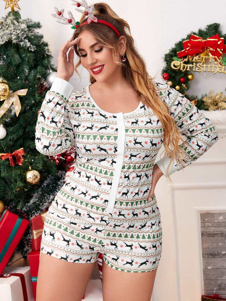Plus Christmas Print Button Front Sleep Romper | SHEIN