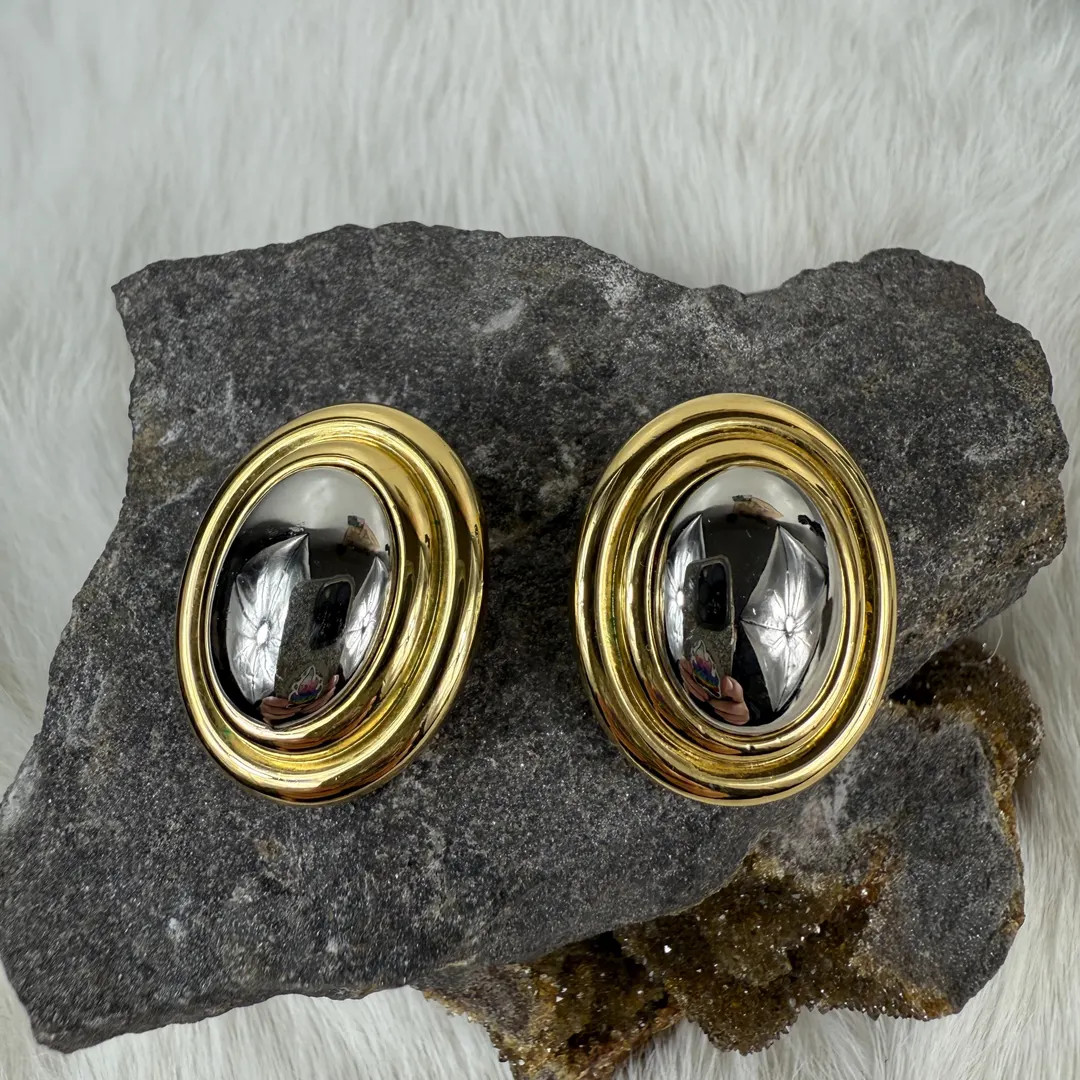 Vintage Liz Claiborne Silver & Gold Tone Oval Pierced Earrings - Etsy | Etsy (US)