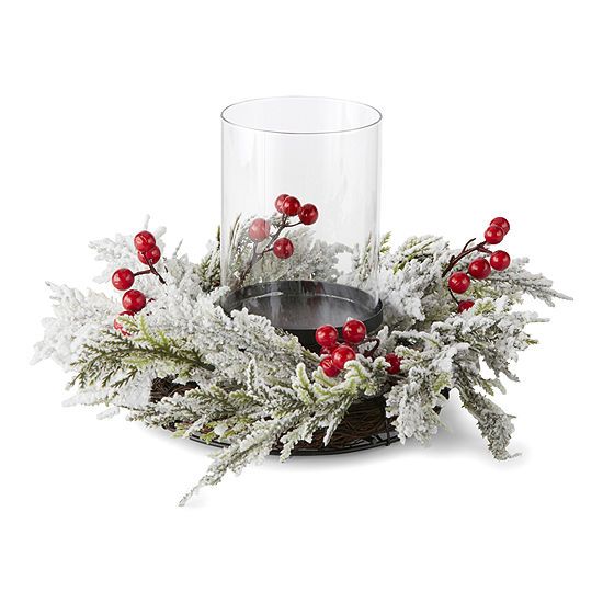 North Pole Trading Co. Yuletide Wonder Flocked Berry Hurricane Lantern Christmas Centerpiece | JCPenney