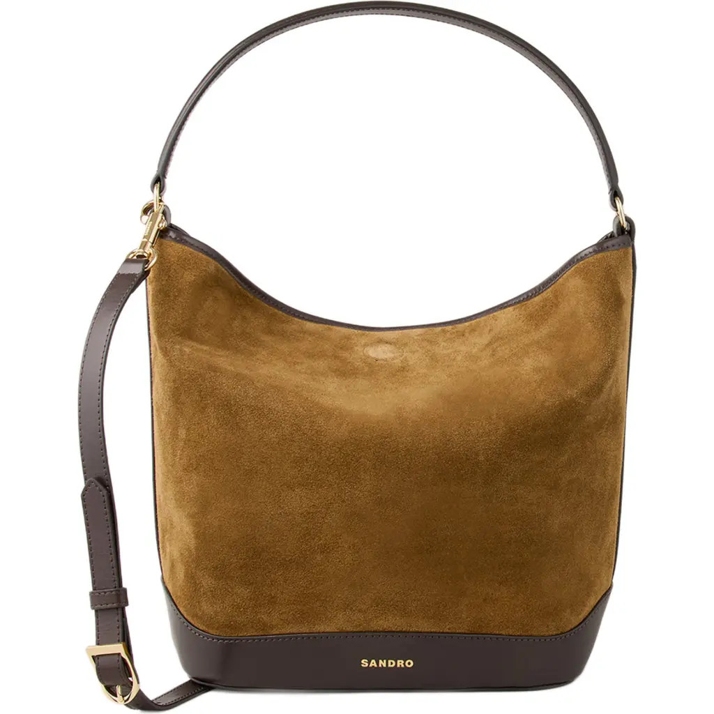 SANDRO Suede and leather bucket bag TANGOSO in Camel at Nordstrom, Size Medium | Nordstrom