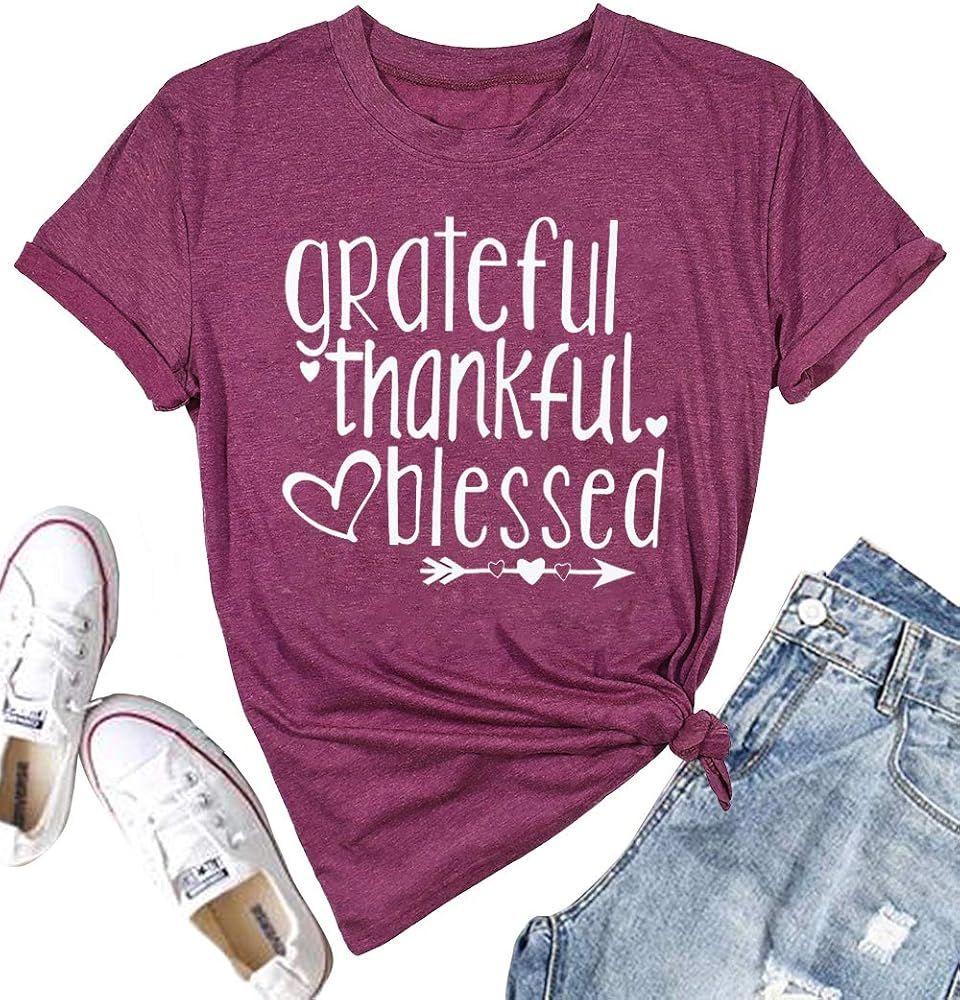 Women Thanksgiving Shirt Grateful Thankful Blessed Arrow Letter Printed Casual O-Neck T-Shirt Tee | Amazon (US)