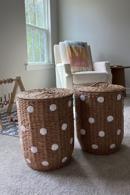 Polka dot woven hampers using at storage bins in Demi’s playroom 