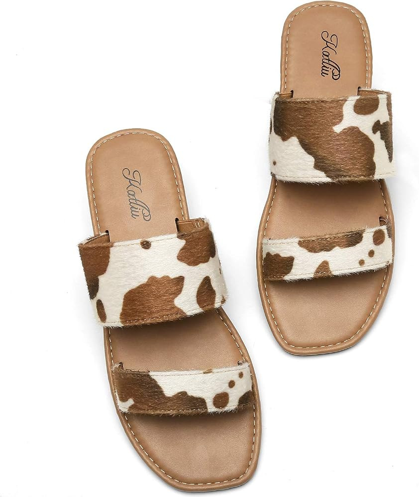 katliu Women's Flat Sandals Two Strap Slide Sandals Open Toe | Amazon (US)