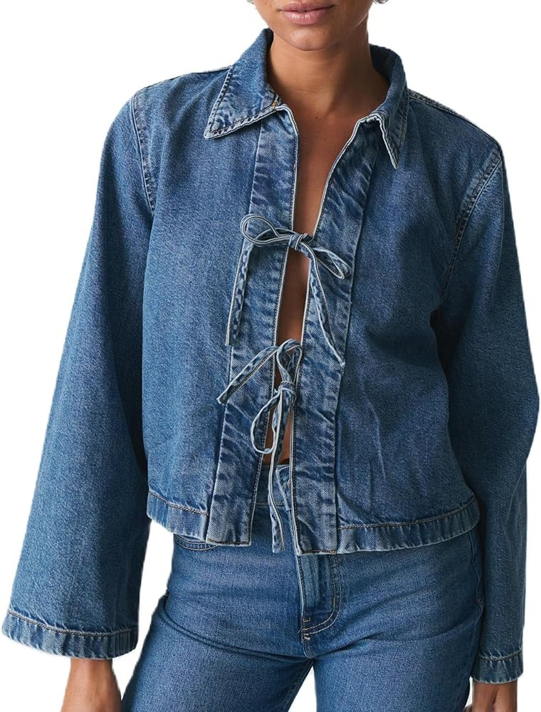 Women’s Fashion Denim Jacket Coat Tie Front Lapel Long Sleeve Shirt Denim Jacket Y2k Clothes | Amazon (US)