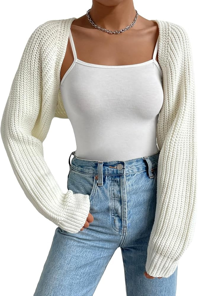 RoseSeek Women's Open Front Long Sleeve Crop Cardigan Sweater Drop Shoulder Knit Bolero Shrug | Amazon (US)