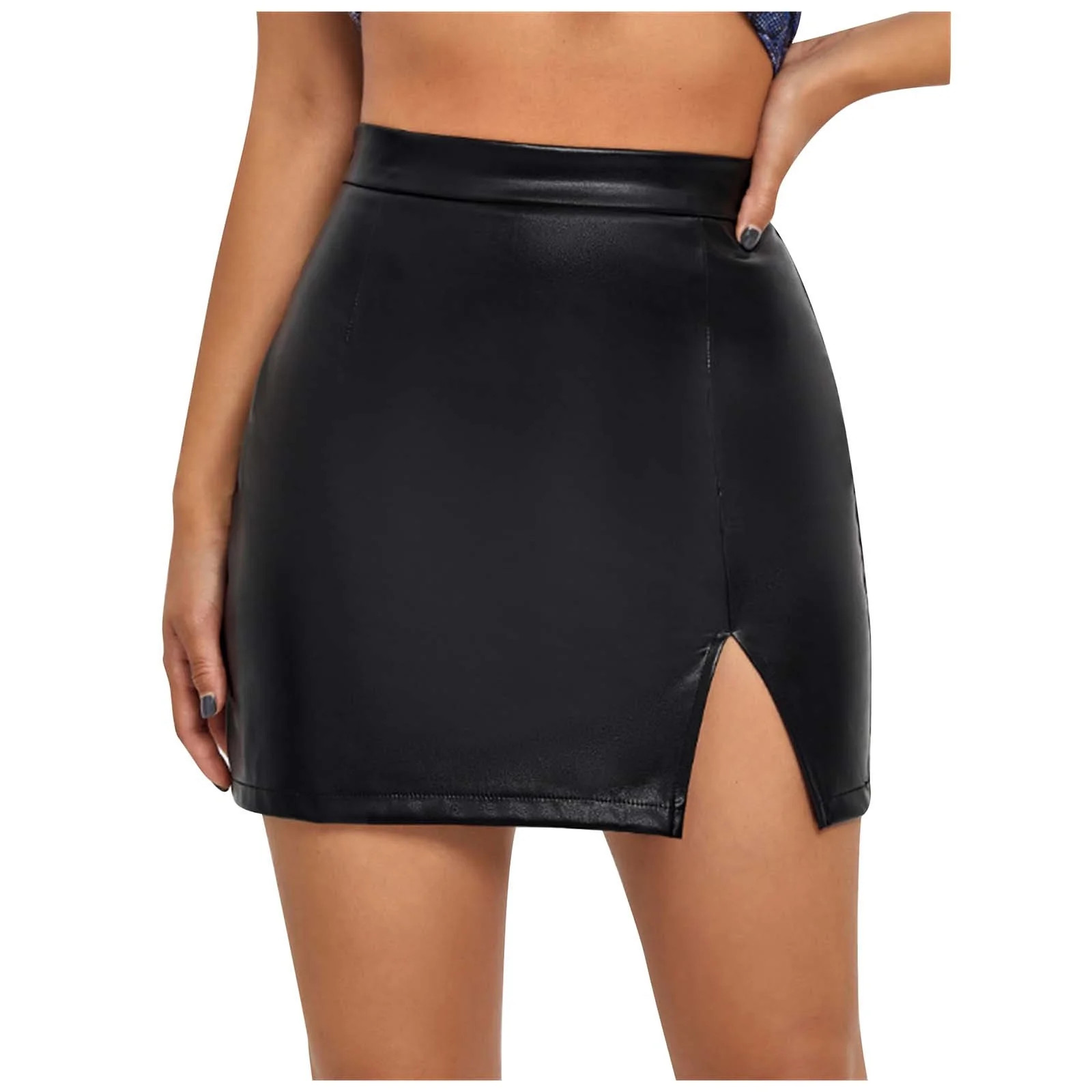 Women's Basic High Waist Sexy Faux Leather Side Slit Bodycon Mini Pencil Skirt for Women | Walmart (US)