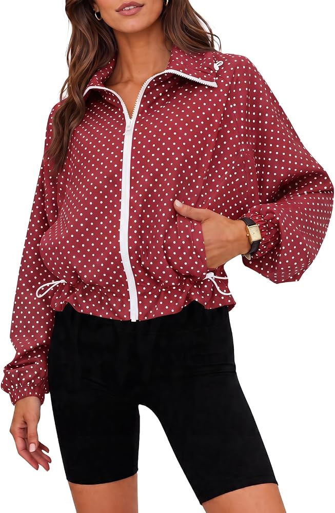 Fisoew Womens Polka Dot Cropped Jackets Zip Up Oversized Casual Fall Coats | Amazon (US)