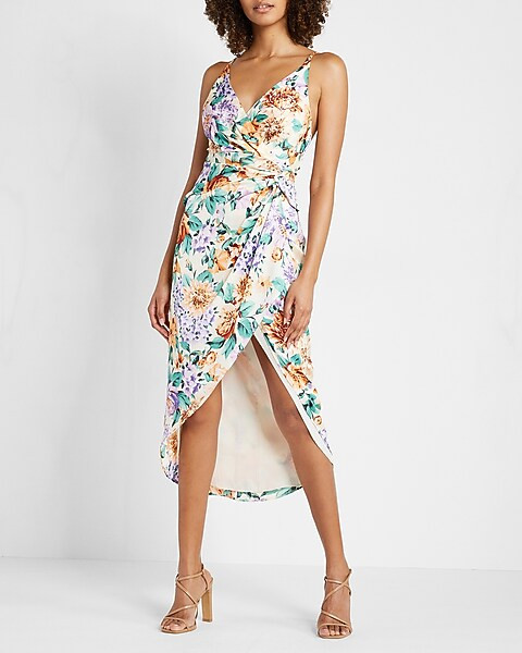 Floral Satin Twist Waist Hi-Lo Midi Dress | Express