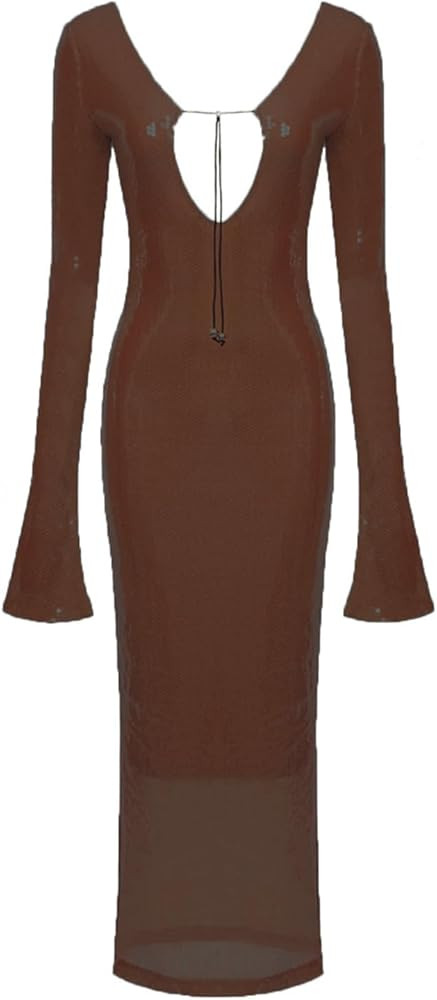 meilun Deep V Dress with Drawstring Long Sleeve Sequin Dress for Women Long Gown | Amazon (US)