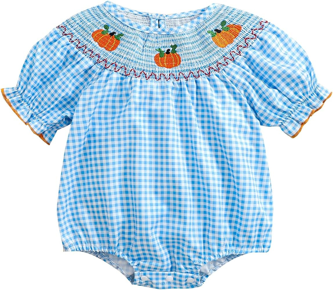Ayalinggo Newborn Baby Girl Smocked Pumpkin Outfit Infant Plaid Bubble Romper Embroidery Hallowee... | Amazon (US)