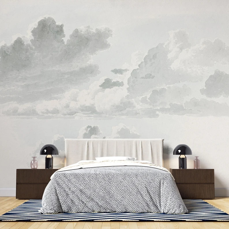 Black & White Clouds Watercolor Wallpaper | Modern Abstract Wall Deco | Ink Art Painted Sky Mural... | Etsy (US)