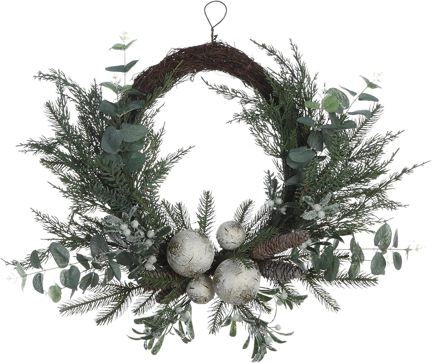 Creative Co-Op Faux Pine Eucalyptus, Mistletoe, Birch Balls & Pinecones Wreath, Green | Amazon (US)