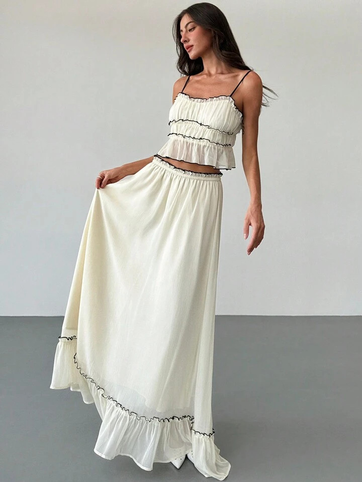 Aloruh Romantic Date/ Vacation Contrast Trim Texture Layered Camisole Top + Contrast Trim Umbrella Skirt Two-Piece Set For Women | SHEIN