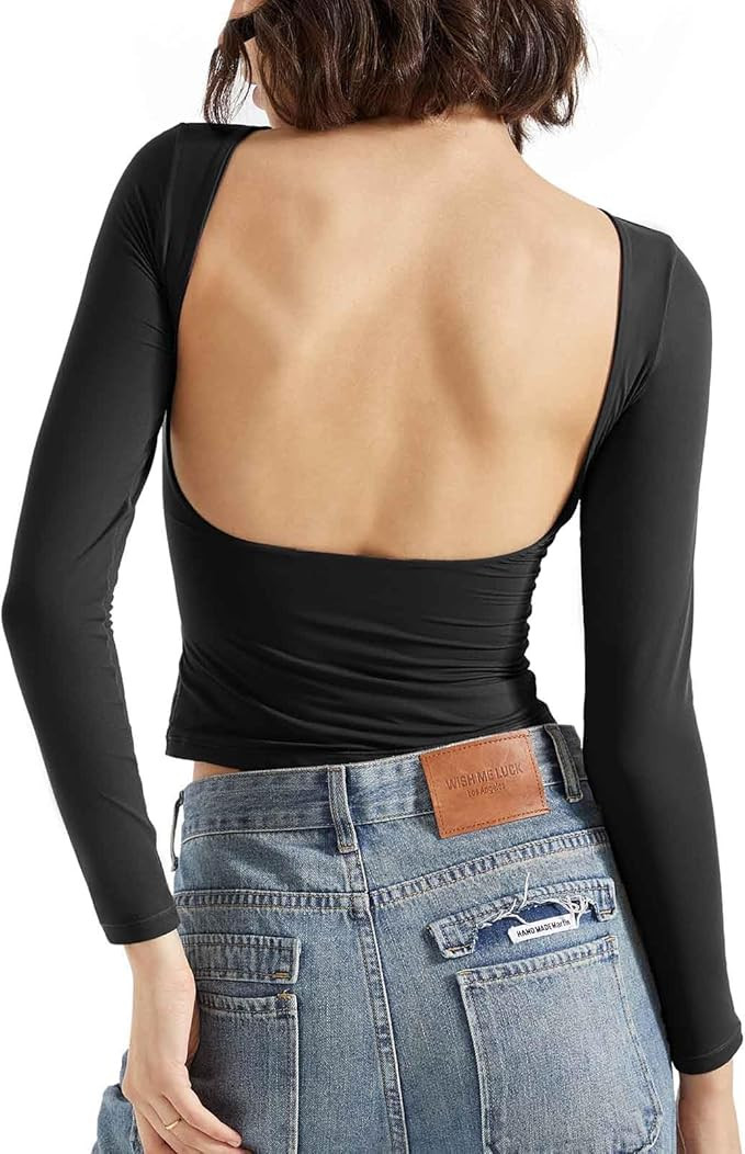 SUUKSESS Women Backless Going Out Tops Double Lined Open Back Basic Long Sleeve | Amazon (US)