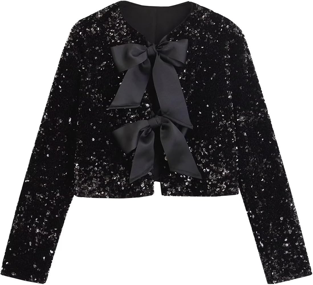 Perbai Womens Casual Sequin Jacket Bow Coat Sparkling Crop Top Party Night Y2K Concert | Amazon (US)
