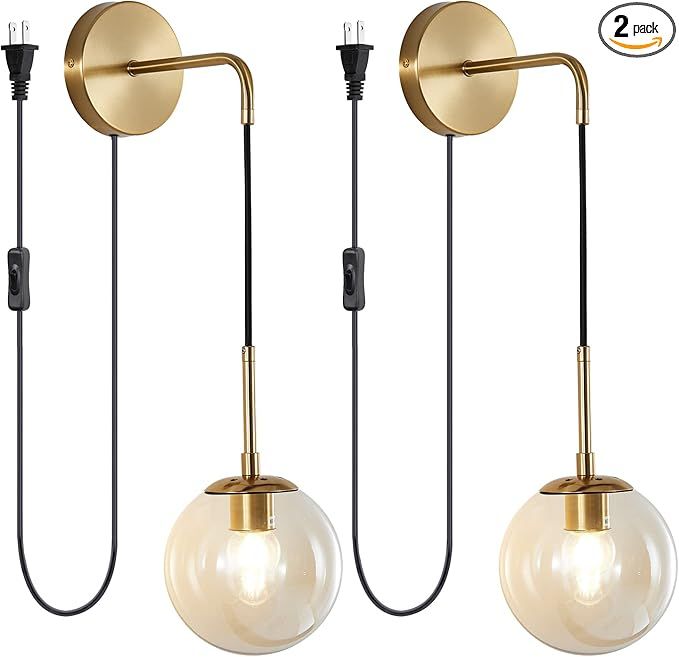 KCO Lighting Modern Plug in Wall Sconce Set of 2 Gold Glass Globe Bathroom Wall Sconce Mid Centur... | Amazon (US)