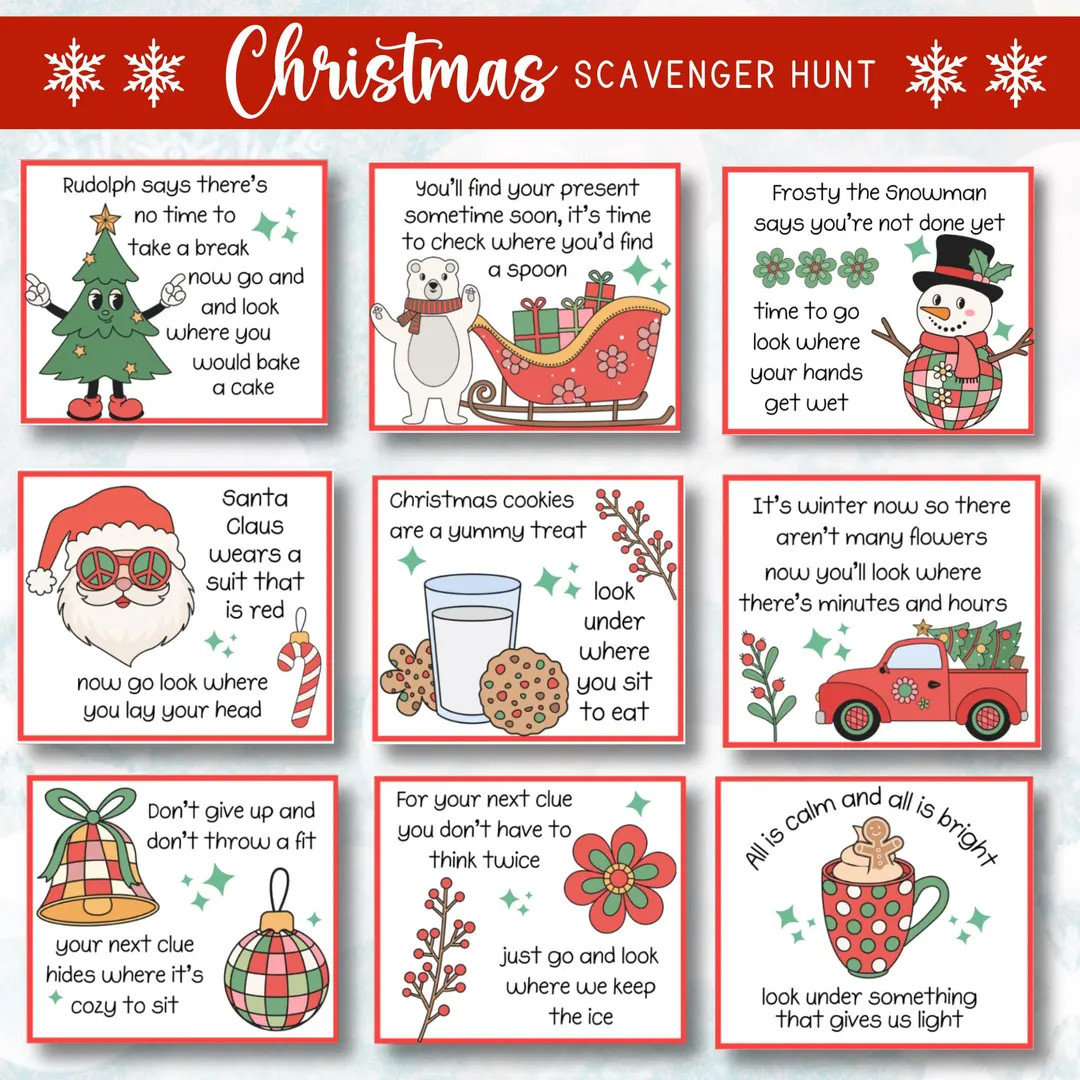 Retro Christmas Scavenger Hunt Kids Printable Treasure Hunt Christmas Clues Family Dinner Activit... | Etsy (US)