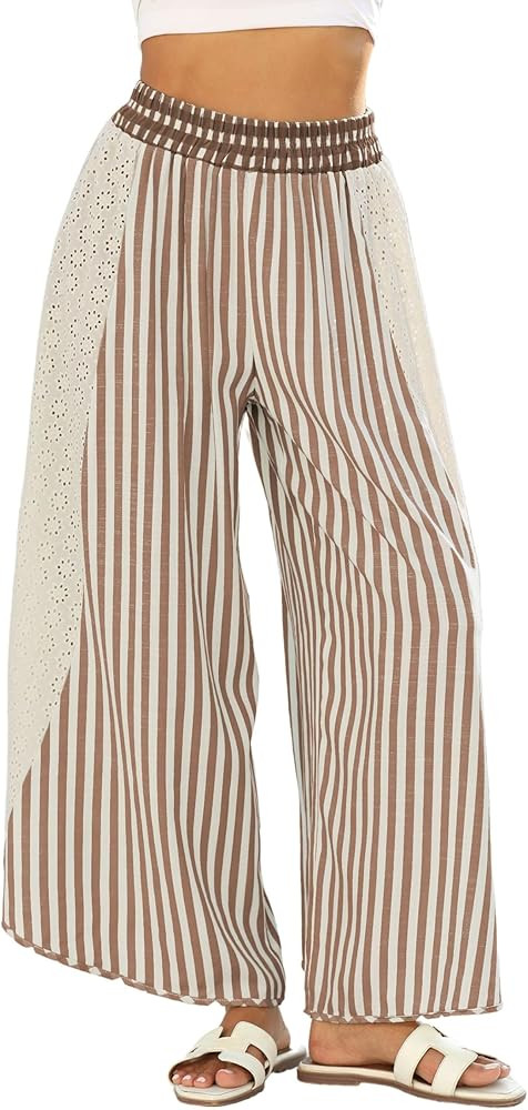 Athlisan Womens Summer Casual Loose Striped Wide Leg Lounge Pants Elastic Waist Palazzo Trousers | Amazon (US)