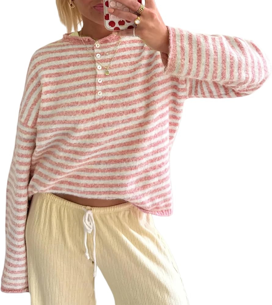 Watashi Women Striped Henley Sweater Long Sleeve Knit Top | Amazon (US)