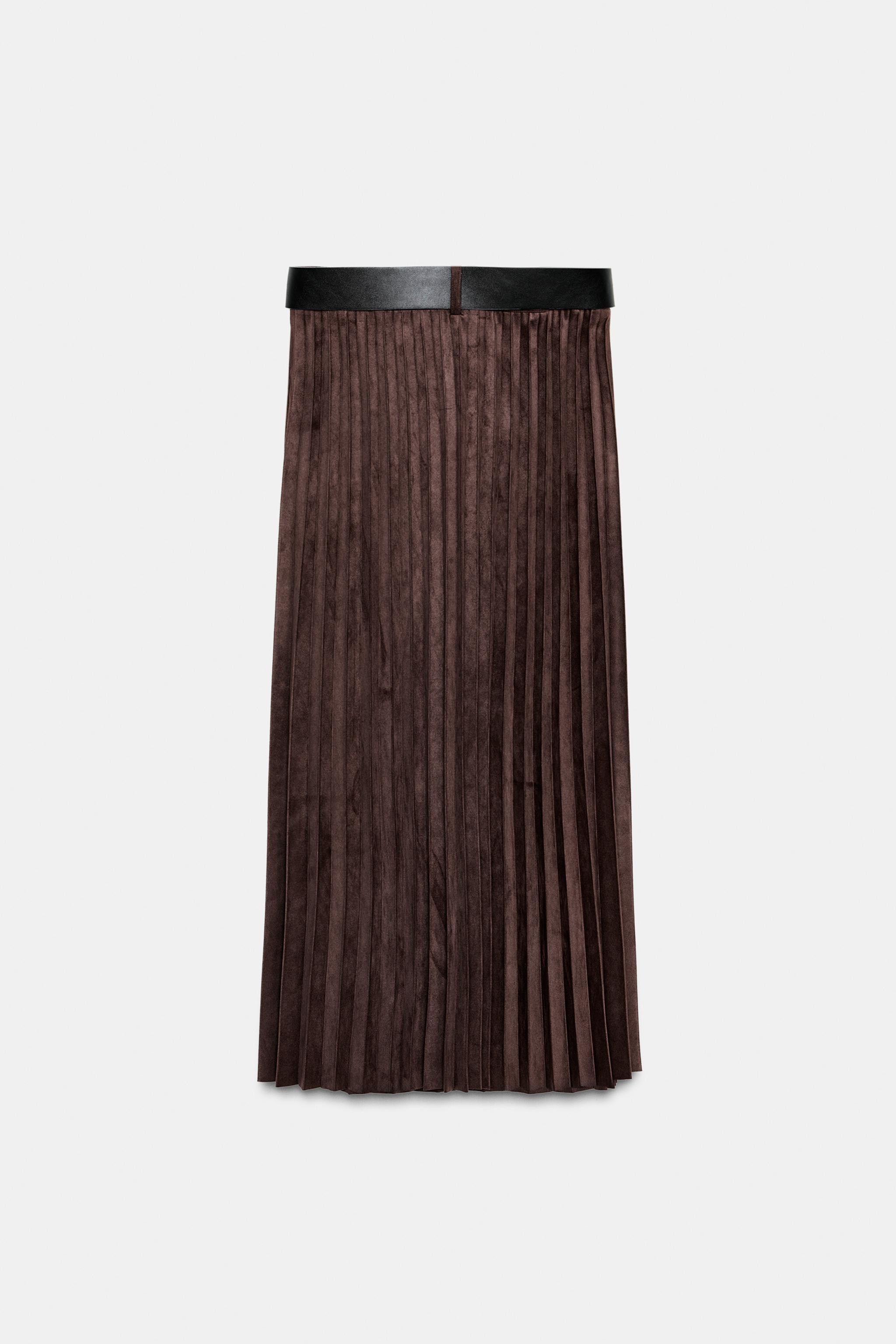 SUEDE EFFECT PLEATED MIDI SKIRT WITH BELT | Zara US